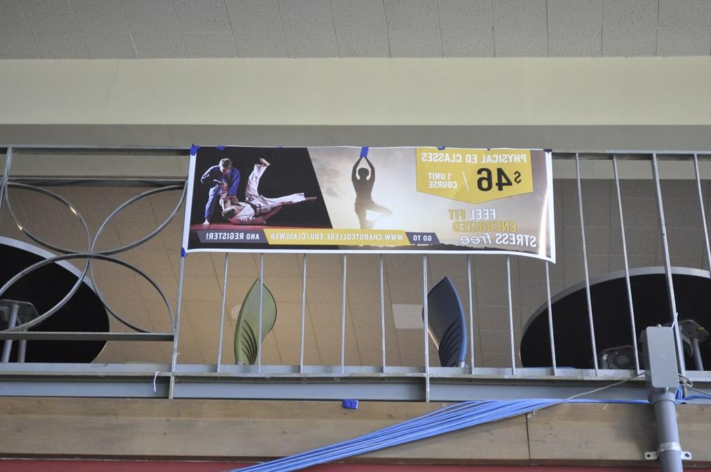 balcony at the student center with a banner